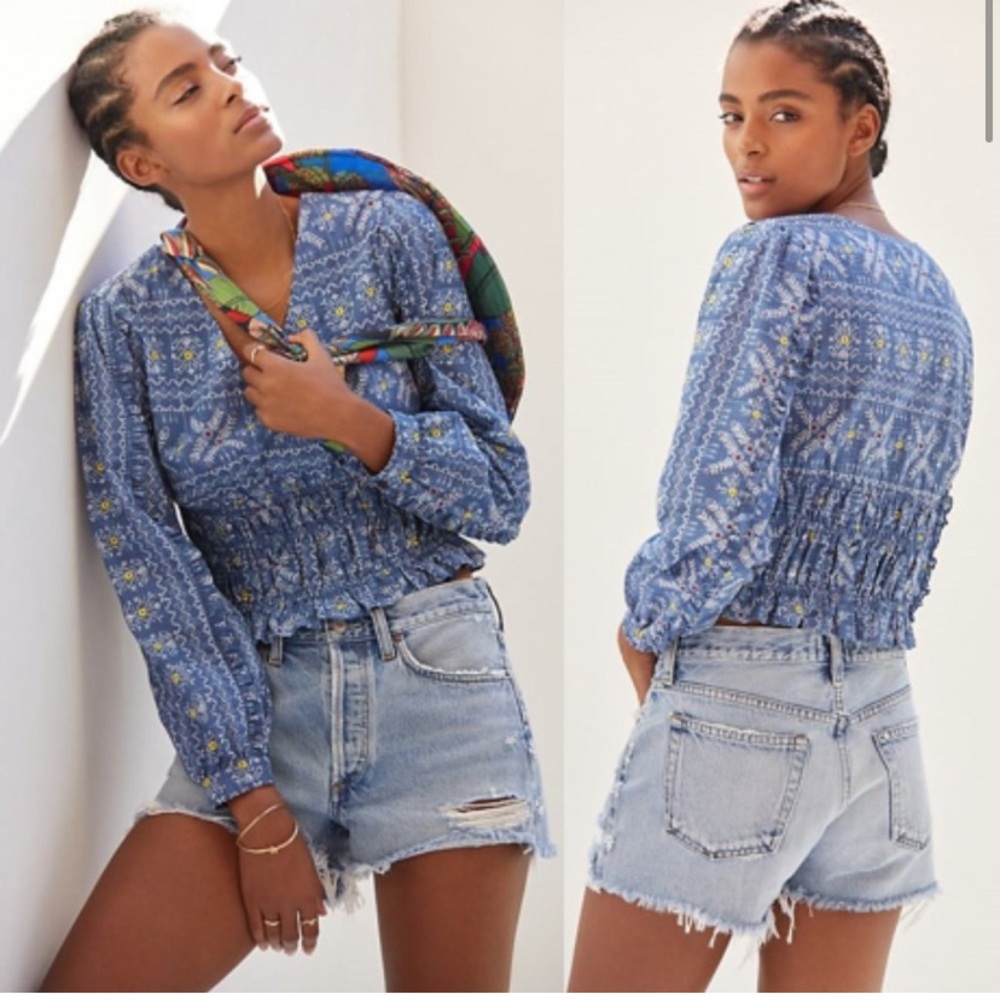 NEW Anthropologie Embroidered Smocked Blue Cross stitch Print Blouse Boho Top